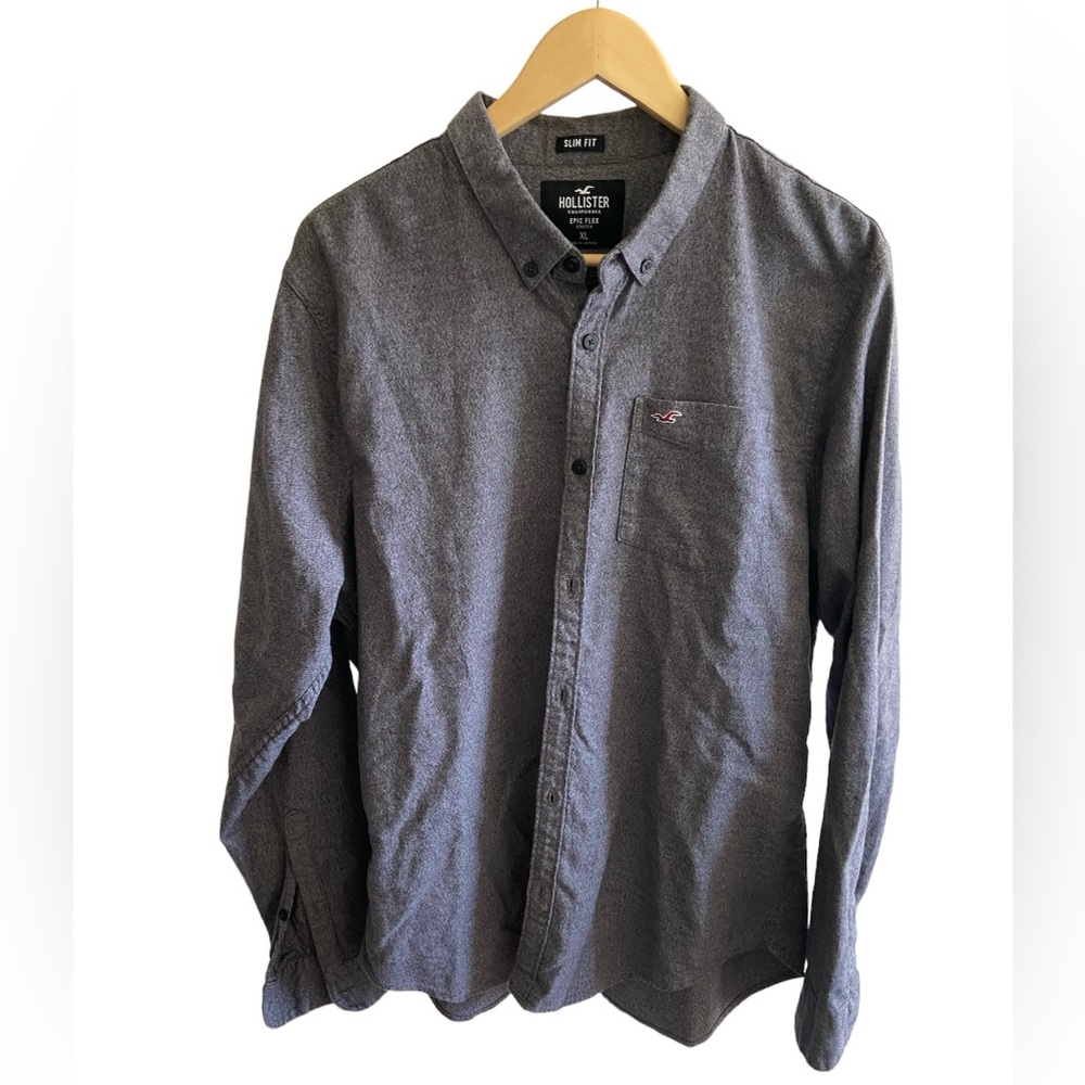 Hollister Men’s Slim Fit Epic Flex Stretch Gray Casual Button Down Shirt, XL
